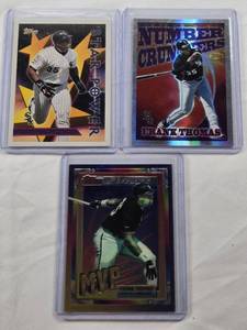 lot 472 image: Lot of 3 Frank Thomas Inserts including Topps Number Crunchers, Star Power, and Pinnacle MVP Holo Cards.