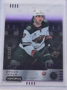 lot 499 image: Brock Faber Acetate Rookie 2023-24 Upper Deck Synergy Cranked Up #CR-BF and Numbered 013199 - Minnesota Wild Hockey Card