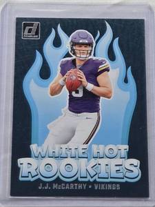 lot 502 image: J.J. McCarthy Rookie 2024 Panini Donruss White Hot Rookies Insert #WH1 - Minnesota Vikings Football Card