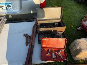 lot 7 image: ANTIQUE JACK, METAL TOOL BOXES AND TOOLS