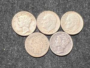 lot 12 image: GROUP OF 5 US SILVER DIMES