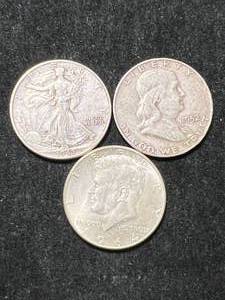 lot 15 image: 3 US SILVER HALF DOLLARS
