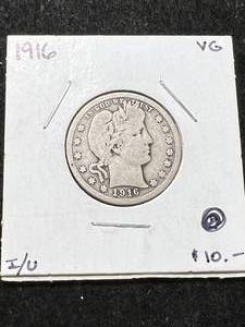 lot 29 image: 1916 US BARBER QUARTER VG