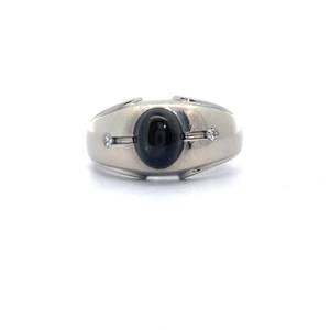 lot 14 image: Oval Cabochon Diopside & Natural Diamond Mens Beveled Ring in 14k White Gold
