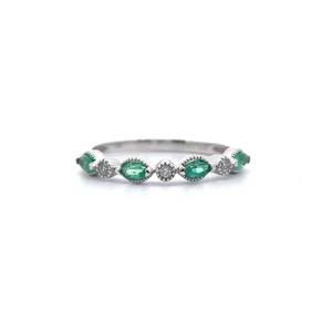 lot 15 image: NEW Natural Emerald & Diamond Bezel Vine & Leaf Slim Stacking Ring in White Gold