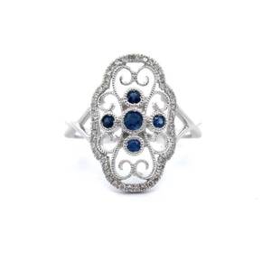 lot 16 image: Natural Blue Sapphire & Diamond Lace Filigree Entwined Vine Ring in White Gold