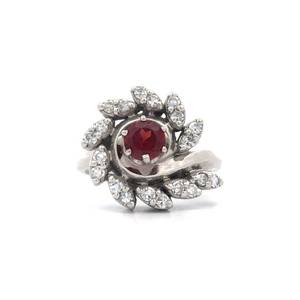 lot 23 image: Natural Garnet & Diamond Cluster Flower Swirl Estate Ring in 14k White Gold