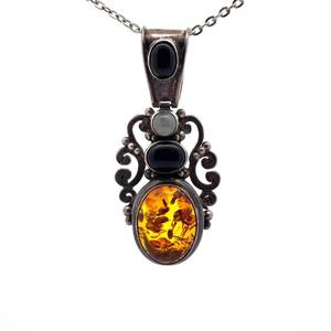 lot 58 image: Statement Golden Amber, Onyx, Moonstone Drop Pendant