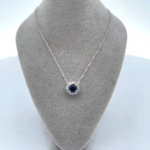 lot 30 image: NEW Natural Sapphire & Diamond Round Halo Pendant Necklace in White Gold