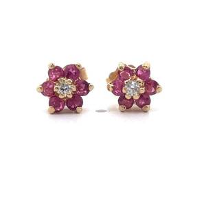 lot 22 image: Ruby & Natural Diamond Flower Cluster Stud Earrings in 14k Yellow Gold