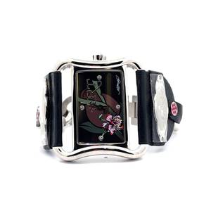 lot 42 image: Ed Hardy by Christian Audigier Watch  Black Leather Strap with Floral Dial  Complete with Box & Booklet