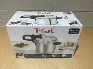 lot 242 image: T-fal Initiatives Secure Aluminum Cookware, 6 Quart Pressure Cooker, Silver