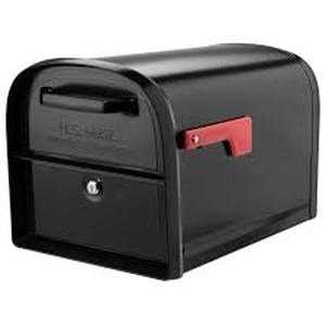 lot 13 image: Architectural Mailboxes Oasis 360 Black, Large, Steel, Locking Parcel Mailbox with 2-Access Doors    Customer Returns See Pictures
