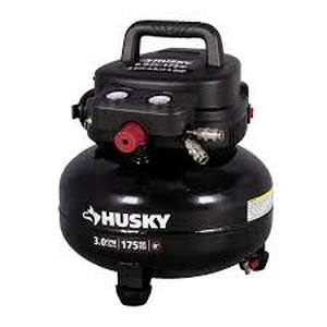 lot 35 image: Husky 6 Gal. 175 PSI Electric Oil-Free High Performance Jobsite Pancake Air Compressor with Dual Gauges and 2-Quick Couplers   Customer Returns See Pictures