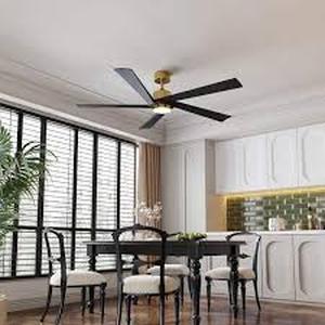 lot 44 image: FUFU&GAGA 64 in. Integrated LED IndoorOutdoor Ceiling Fan with Light Kit and Remote Control, Gold Housing Ceiling Fan, 5-Blade  Customer Returns See Pictures
