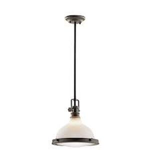 lot 45 image: Hatteras Bay 11 in. 1-Light Olde Bronze Vintage Industrial Shaded Kitchen Pendant Hanging Light with Etched Glass by KICHLER Customer Returns See Pictures