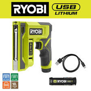 lot 49 image: RYOBI USB Lithium Cordless Craft 4-in-1 StaplerNailer Kit with 3.0 Ah Battery and Charging Cable   Customer Returns See Pictures
