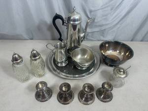 lot 34 image: Towle Pewter, Oneida Bowl, Sterling Candle Holders, Etc