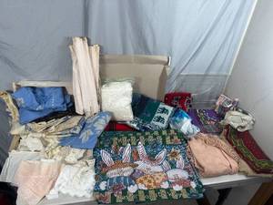 lot 40 image: Vintage Scarves, Handkerchiefs, Corset, Placemats, Lace Material, and More