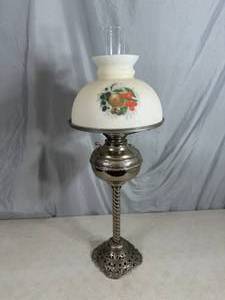lot 41 image: Vintage New Aurora Oil Lamp with Glass Shade and Metal Pedastel