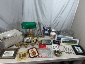 lot 50 image: Assorted Collectibles, Home Decor, Glassware, Desk Lamp, Candle Holders, Spoons, and More