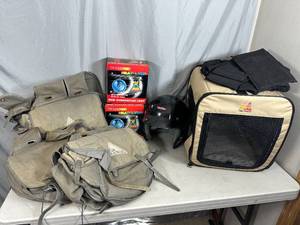 lot 58 image: 3 Vintage Bicycle Panier Bags, Old Helmet, Folding Pet Carrier, H4 Headlights, and more
