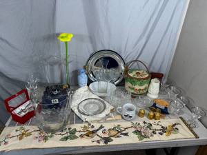 lot 65 image: Assorted Glassware, Cookie Jar, Collectibles, Metal Platter, and Lots More