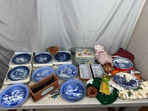 lot 70 image: Vintage Kitchen Linens, Collectible Plates, Stoneware Mugs, and More