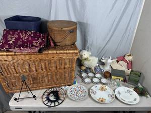 lot 74 image: Wicker Storage, Japanese China Set, German Collectible Plates, Home Decor, and More