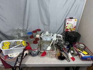 lot 77 image: Slow Cooker, Hand Mixer, Cake Stand, Pots, Utensils, Tupperware Containers, and More