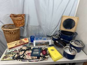 lot 80 image: Pots, Pans, Household, Wicker Baskets, Electric Knife, Painted Stone Tiles, Silver Plated Photo Frame, and More