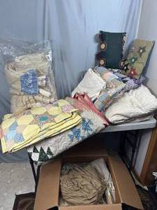 lot 81 image: Assorted Quilts, Blankets, Sheets, Heated Blanket, Pillows, and More