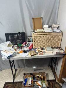 lot 82 image: Basket With Large Assortment of Crafts, Greeting Cards, Thread, Sewing, Office Supplies, Scissors, Envelopes, and More