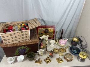 lot 87 image: Collectibles, Brass, China, Glassware, Box with Cover, Snowglobe, and More