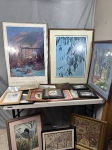 lot 97 image: Vintage Mirror and Assorted Framed and Unframed Wall Decor