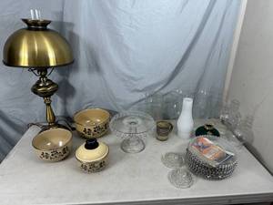 lot 101 image: Vintage Lamp, Bubble Glass Plates, Pfaltzgraff Pots, and More