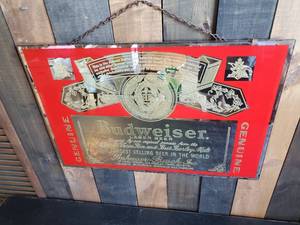 lot 25 image: Antique 1960s Budweiser Beer Mirror Advertising.. Old and Heavy