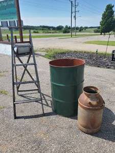 lot 39 image: Large Metal Barrel, Folding Wooden painters Ladder, and Milk Can