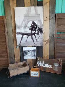lot 42 image: Wall and room Dcor  Case Steel Separator box, Welcome Sign, Wooden Box with Metal Stand and more