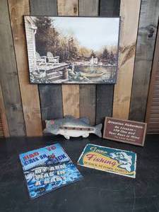 lot 43 image: Fishing Sign and Wall Dcor. Snarky tin Signs Fishing Pole Wall hanging holder and more