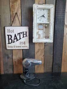 lot 45 image: vintage Dominion Hair Dryer and Bathroom Dcor Clock and Sign Dryer Seems to work as it should
