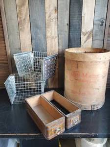 lot 54 image: Vintage Sewing Drawers, 2 Metal Locker Baskets, and Taylor Chain Barrel