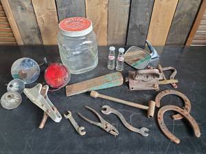 lot 61 image: Mixed Lot of Vintage Items Tools, Horseshoes Jar and much more