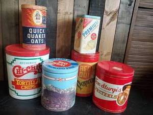 lot 67 image: Vintage Kitchen Tin Lot of Various Flavors and Sizes