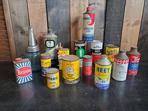lot 75 image: Various Vintage Collectible  Oil Cans - Auto Accessories Heet, Oil Bottle with Spout, Brasso and more
