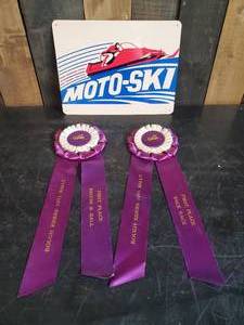 lot 86 image: 2 Highly Collectible Vintage purple Snowmobile Ribbons and Moto-Ski Metal Sign