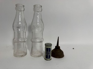 lot 67 image: Rexall Little Liver Pills Full, Mini Oil Can, 1930s Tiny Jumbo Elephant Soda Bottle Unusual Size