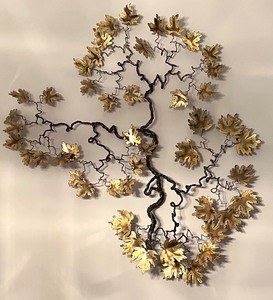 Vintage Mid Century Handcrafted Metal Wall Art Sculpture with Gold Leaf Accents