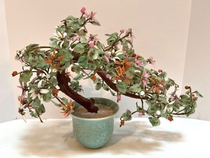 Vintage Jade and Stone Flower Bonsai Tree in Ceramic Pot