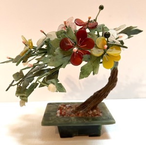 Jade Bonsai Tree Sculpture with Multi-Color Carved Stone Flowers